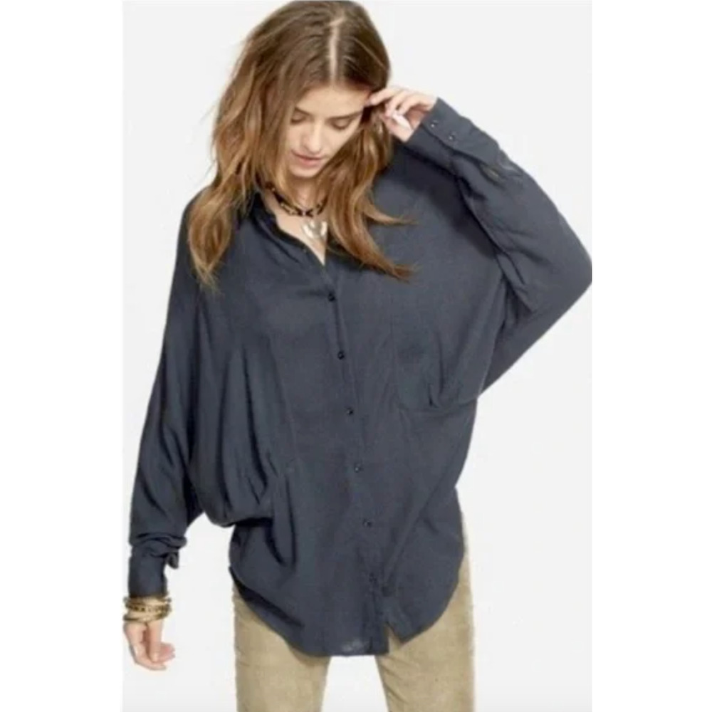 Free People Women's True Affection High-Low Herringbone Button-Up Shirt